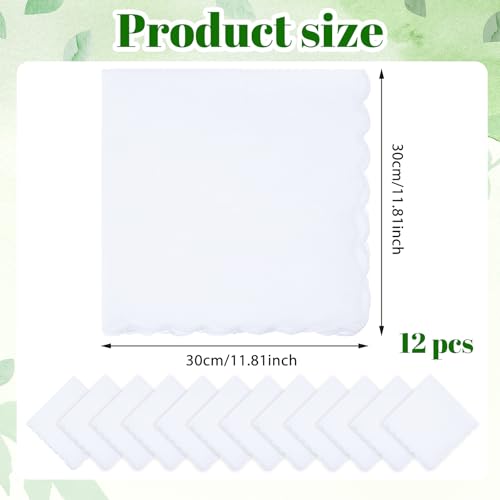 12 Pcs White Cotton Handkerchiefs for Women 11.8"x11.8" Pocket Hankies Scalloped Square Towel for Wedding Party Gift Favor