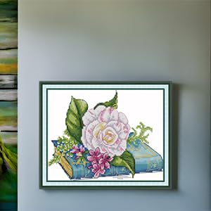 CaptainCrafts Cross Stitch Kits for Adults Stamped Printed 11CT Fabrics - color: Books and Roses, style: Stamped 11CT