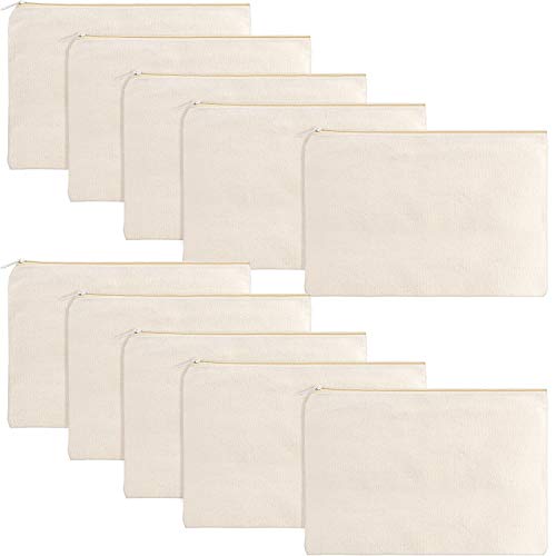 Gejoy 10 Pack Blank Canvas Cosmetic Bags Zipper Pouch DIY,L,Beige - color: Beige, size: Large