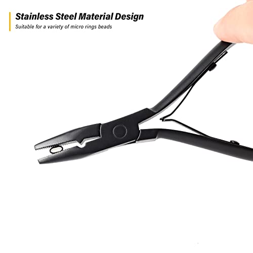 Gomake Hair Extensions Closed and Remover Pliers set, Micro Silicone Rings Beads Hair Extensions Loop Needle Threader Pulling Hook Tool and Bead Device Tool for Hair or Feather Extensions (Black) - color: Black