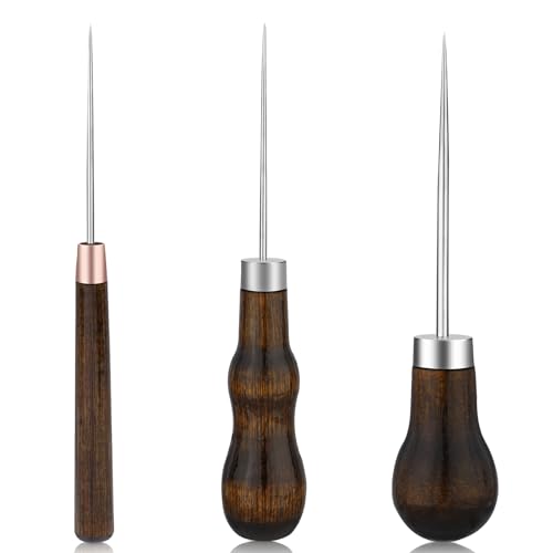 ZXIIXZ 3 Pack Leather Scratch Awls Tool, Wooden Handle Sewing Awl - color: 3 Pcs Wooden Brown