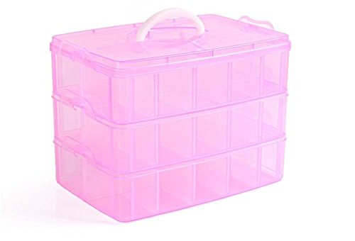 Kamay's 3-Tier Transparent Stackable Adjustable Compartment Slot Plastic Craft Storage Box Organizer Snap-Lock Tray Container 3 Sizes 4 Candy Colors Available (Large 30 Compartment, Red) - color: Large 30 Compartment, Red