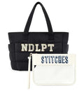 RF REENFAYA Needlepoint Tote Bag with Clear Zipper Pouch-Black/Beige - color: Black/Beige