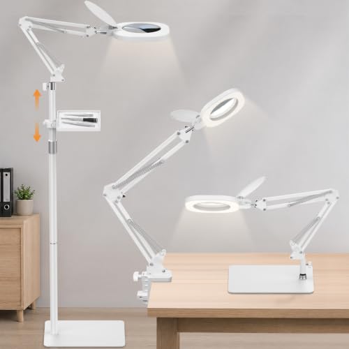 15X Magnifying Lamp with Light, 3-in-1 LED Lighted Magnifying Glass Desk Clamp Floor Stand,Optical Glass，Stepless Dimming，Lighted Magnifiers for Close Work,handicrafts, Repair,Reading, White - color: White