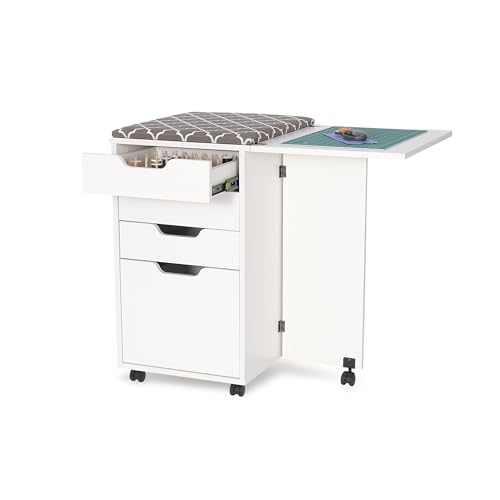 Kangaroo Kiwi Sewing Storage Rolling Caddy and Ironing Station – Mobile Craft Storage Cabinet with Ironing Surface & Shelves - color: Ash White