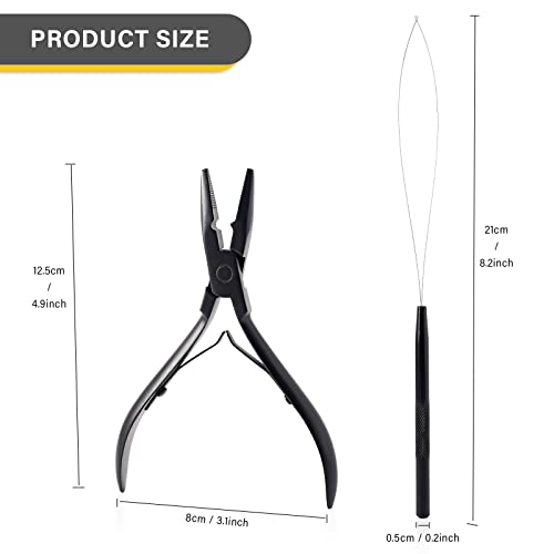 Gomake Hair Extensions Closed and Remover Pliers set, Micro Silicone Rings Beads Hair Extensions Loop Needle Threader Pulling Hook Tool and Bead Device Tool for Hair or Feather Extensions (Black) - color: Black