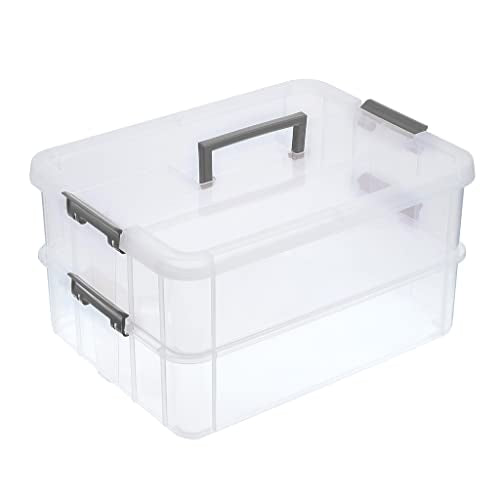 BTSKY 2 Layer Stack & Carry Box, Plastic Storage Container Box with Lid - color: Dark Grey