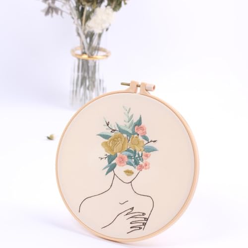 IUHUI Embroidery Kit for Beginners Adults - Fashionable Women Wearing Flowers Easy Patterns, DIY Hand Stitching Embroidery Set with Hoop (Demure Woman) - color: Demure Woman