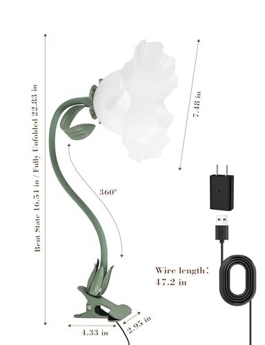 Flower Clip On Desk Lamp for Home and Dorm - Cute Floral Clip On Bedside Book Reading Light, Green Flower Bunk Bed Lighting, Kawaii Led Flexible Gooseneck Table Lamp for Headboard with Clamp - color: Green