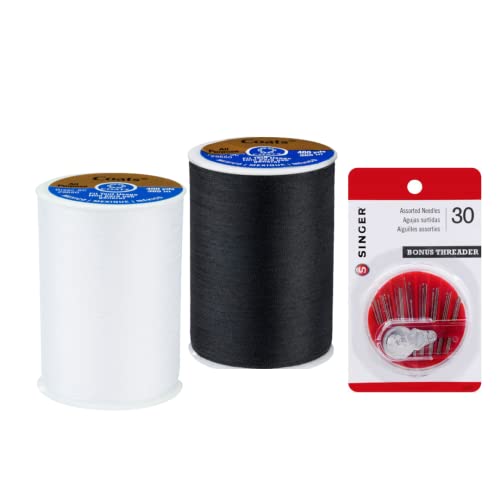 Coats & Clark All Purpose Thread 400 Yards White Black (1 Black and 1 White Dual Duty All Purpose Thread - 400 Yards Each Spool - Bundled with 30 Assorted Hand Needles and Needle Threader)