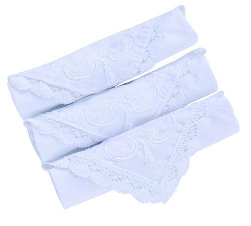MileyMarla Ladies Embroidery Cotton White Handkerchiefs Lace Wedding Hankies - color: J04-3pcs a