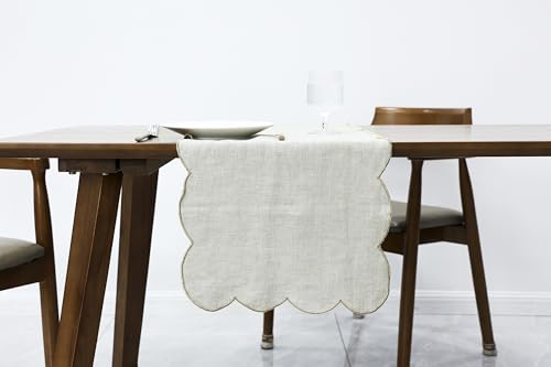 100% Natural Linen Rustic Scalloped Embroidery Table Runner 60 Inches, Linen Table Runner 14 x 60 Inch Ideal for Dresser and Dining Tables Decor, 2-4 Sets, Linen(Edges-Gold) - size: 14''x60''