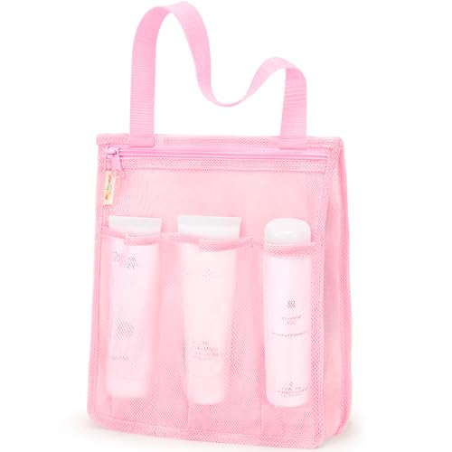 famichan Mesh Shower Caddy Portable, Gym Travel Camp Dorm Room Essentials for Women and College Girl, Pink Bathroom Shower Bag - color: Pink