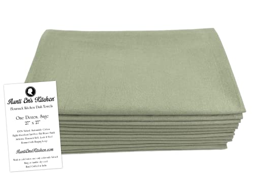 Aunti Em's Kitchen Flour Sack Dish Towels - Natural Cotton for Embroidery and Drying Glass, Hand, Dinnerware - Plain, Thick, Zero-Lint, Highly Absorbent - Set of 12, 27 x 27 Inch, Sage Green - color: Sage Green