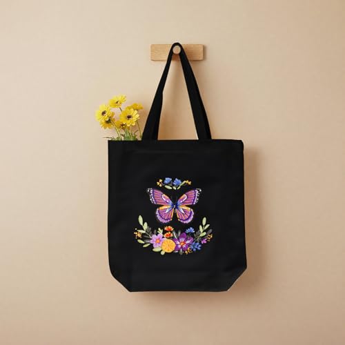ERKOON Canvas Tote Bag Embroidery Kit for Beginners, Needlepoint Arts Crafts Cross Stitch Kits for Adults Including Stamped Embroidery Bag with Hoops, Needle, Instruction and Color Threads (Butterfly) - color: Butterfly-Black