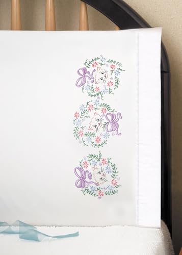 Tobin 232036 Stamped Pillowcase Pair Stamped Cross Stitch Kit for Embroidery, 20 by 30-Inch, Flower Cats, White