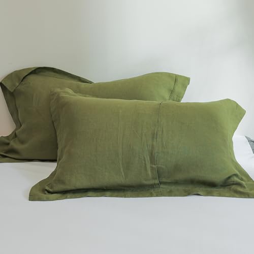 Simple&Opulence 100% French Linen Pillowcases with Embroidery – Pack of 2, Washed Solid Color Natural Flax, Soft & Breathable - Olive, 20'' x 26'' - color: Olive, size: Queen