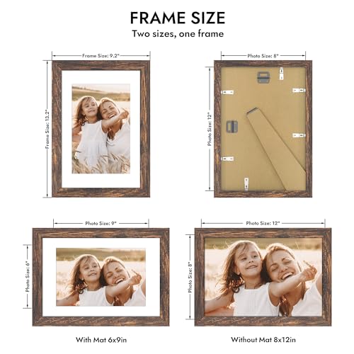 Hongkee 8x12 Picture Frame with Real Glass, Wood Frame 1 Pack(with Mat 6x9) - color: Rustic Brown, size: 8X12 in
