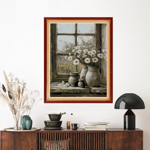 MYBISYMQQ Windowsill Daisies Cross Stitch Kits for Adults Beginners - 11CT Stamped Vintage Floral Vase Embroidery Kit, DIY Pre-Printed Needlepoint Patterns for Home Wall Art Decor, 15.7x11.8 Inches - color: T029