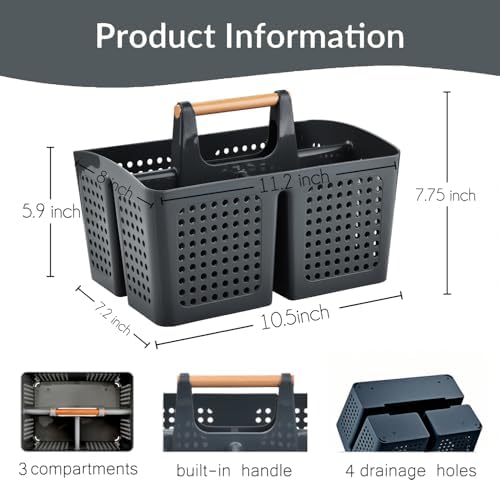 Portable Shower Caddy Basket with 3 Compartments and Handle, Dark Gray - color: Dark Gray