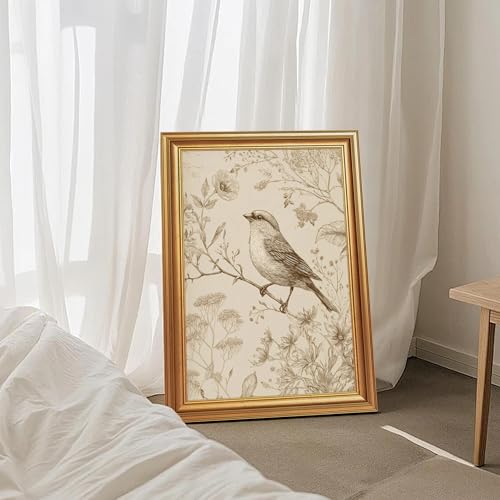 Wojuin Antique Style Sparrow Floral Etching Framed Canvas Wall Art 16x24 in - color: Sparrow, size: 24"L x 16"W