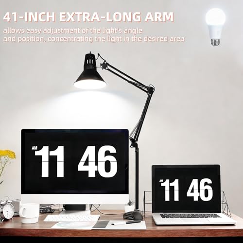 Black Desk Lamp with Clamp, Extra-Tall Adjustable Metal Swing Arm, 2 Pack - color: Black, size: 2pack5000K Natural Daylight-Extra Long Swing Arm