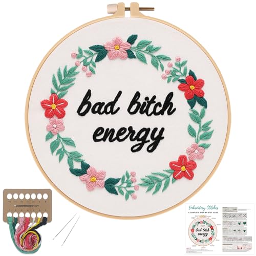 Louise Maelys Funny Quote Embroidery Kit for Beginners Floral Wreath DIY - color: Pattern 23