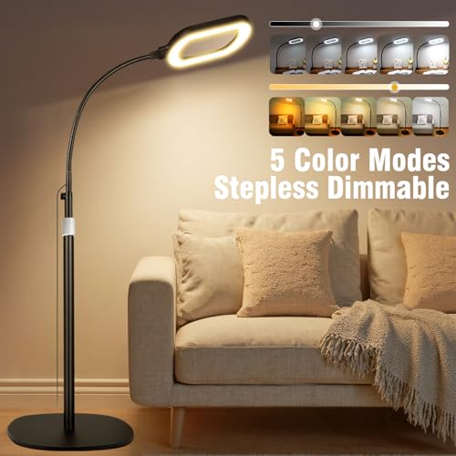 Large Magnifying Glass with Light and Stand, 15X Rectangle Optical Real Glass Lens, Height Adjustable Gooseneck Magnifier Floor Lamp, 5 Color Modes LED Dimmable Lighted Hands Free for Close Work Craft - color: Black
