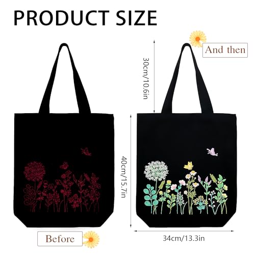 Canvas Tote Bag Embroidery Kit, Embroidery Kit for Beginners Adults, Embroidery Starter kit with Flower Pattern, Canvas Bag Cross Stitch Kits, Cross Stitch Kit with Hoops, Color Threads and Tool - color: Black Green
