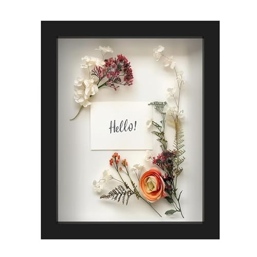 FrameWorks 8” x 10” Black Wooden Shadow Box Frame – Display Case with Soft Felt Back, Memory Box with Tempered Glass, Display Box with Elegant White Ball Push Pins, Wooden Flower Box - color: Black, size: 8"x10"