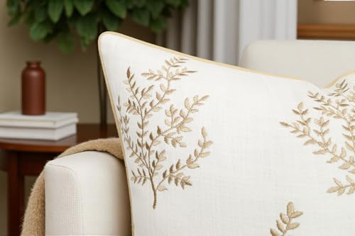 VAGMINE Embroidered Fern Leaf 18x18 Throw Pillow Cover, Ivory - color: Ivory-leaves, size: 18" x 18" (Pack of 1)