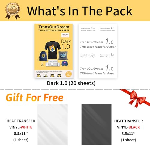 TransOurDream Tru-Iron on Heat Transfer Paper for Dark Fabric (20+2 Sheets, 8.5x11") Printable Iron on Transfers Paper for Inkjet Printer & Heat Transfer Vinyl for T Shirts - color: Dark-BW, size: 20 Sheets