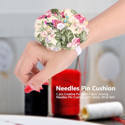Pumpkin Pin Cushion with Magnetic Wooden Base, Cute Pincushion for Sewing, Japanese Style Needle Holder for Quilting and DIY Crafts, Floral Design