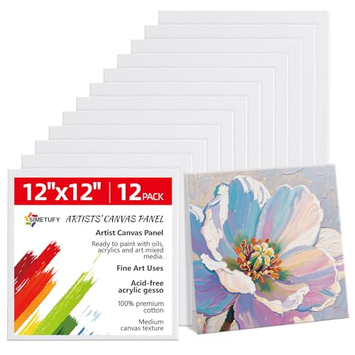 Simetufy 12 x 12 inch 12 Pack Painting Canvas Boards- Gesso Primed - size: 12"x12"