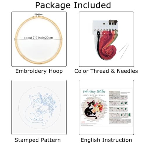 Nuberlic Embroidery Kits for Beginners with Cat and Flower Pattern - color: Kit-8