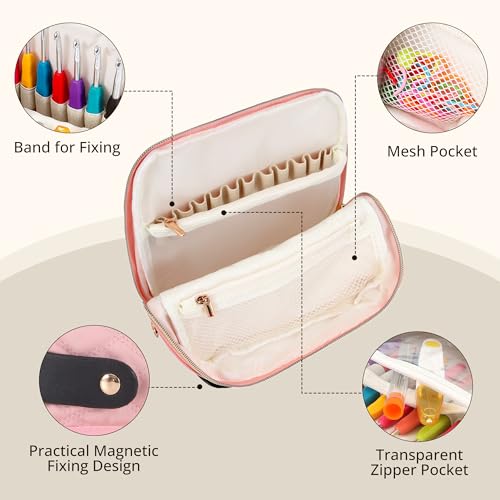 BAGCRAZY Stand-Up Crochet Hook Case Organizer, Travel Craft Holder with Phone Pocket, Quilted Bag with 9 Hooks, Needles & Scissors, Gift for Crochet Lovers - color: Pink