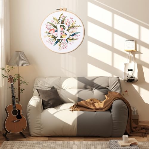IUHUI Embroidery Kit for Beginners Adults - 26 Floral Letters Easy Patterns, DIY Hand Stitching Embroidery Set with Hoop (Flower and Grass Letter B) - color: Flower and Grass Letter B