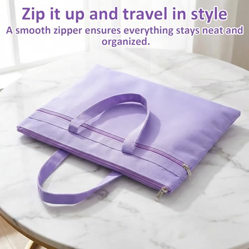14.5x12 Inch Zippers Needlepoint Project Bag with Handle Reusable Double Pocket Zipper Pouch Foldable Oxford File Bag Mesh Zipper Pouch A4 Size for Puzzles Books Office Travel Shopping 1 PCS (Purple