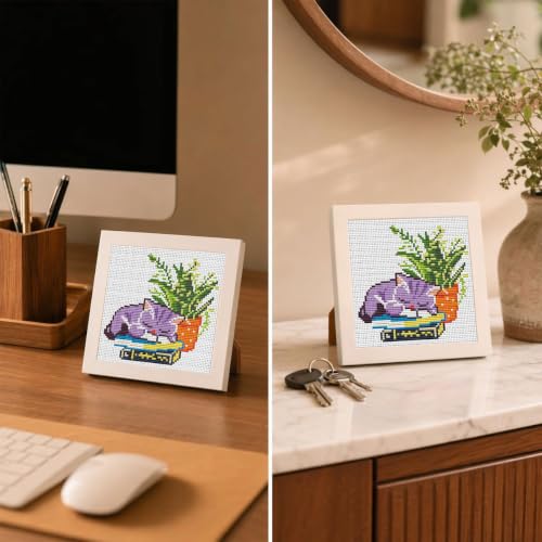 Sleepy Cat Greenery Stamped Cross Stitch Kits for Beginners with Framed - color: DKJ033
