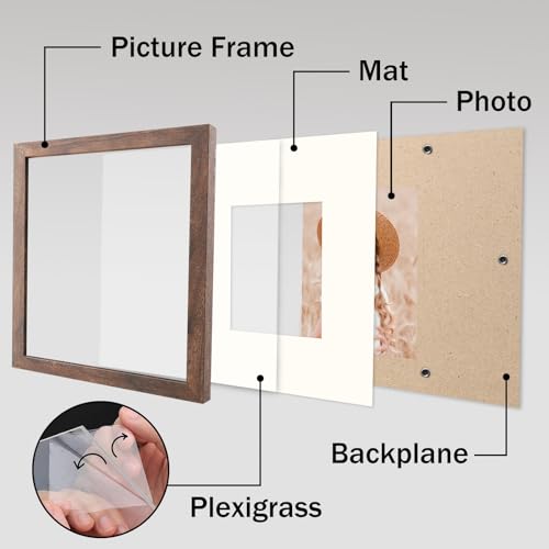 8x8 Picture Frame Wood Fits Square Photo 4x4 with Mat Vintage Brown - color: Brown, size: 8x8