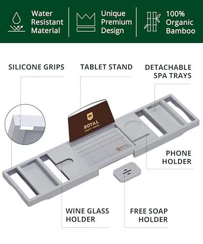 ROYAL CRAFT WOOD Premium Foldable Bathtub Tray Caddy - Wood Bath Tray for Tub, Bamboo Shelf, Expandable Bath Table Trays, Bathtub & Bathroom Accessories for New Home & Mothers, Birthday Gifts for Mom - color: Gray
