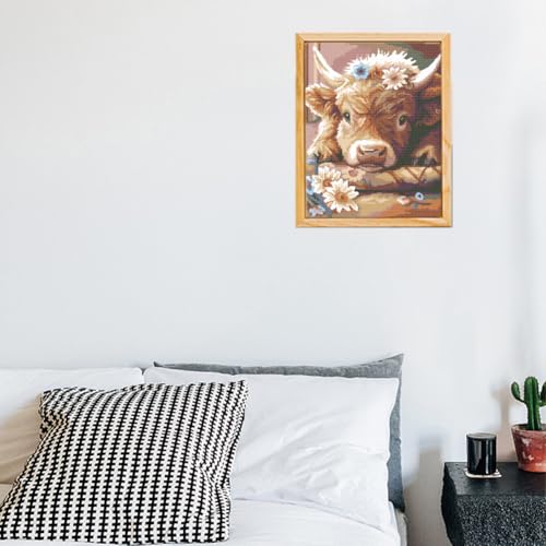 FREEBLOSS Cross Stitch Kit Highland Cattle Stamped Cross Stitch Kit Cross Stitch Wall Hanging for Adults with Instructions Pure Cotton Cloth Cross Stitch for Beginnrs 15.7 * 19.7'' No Frame