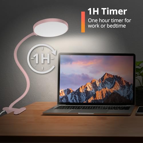 iFalarila Reading Light with Remote, LED Desk Lamp Clip on [1H Timer & Nightlight] RA>95 Dimmable Flexible Gooseneck, Reading Lamp with Clamp for Table - 3.5'' (Adapter Included) - style: 3.5'' Pink