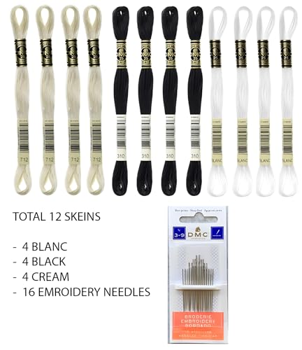 DMC Embroidery Floss Mouline Special Black (310), Cream(712), White(Blanc) -3 Colors Thread Bundle with DMC Embroidery Hand Needles 3-9, INCELER Supplies