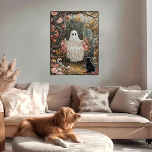 Fotasmua Halloween Stamped Cross Stitch Kits - Ghosts and Black Cats Embroidery Starter Kit for Adult Beginners, 11CT Needlepoint Cross-Stitch Patterns Kit Arts and Crafts for Home Decor 12x16 Inch - color: SZXY007-US