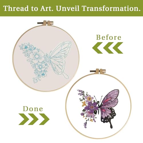 LB Butterfly Embroidery Kit for Beginners Adults, 3 Sets Hand Embroidery Starter Kit with Flower Pattern and Instructions Stamped Cross Stitch Kits Include Embroidery Hoop Needles Threads Scissors - color: Purple