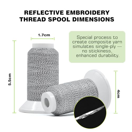 Reflective Embroidery Machine Thread Kit Improved Visibility, 2 Spools Sewing Polyester Thread 200M(218Yds) Each Spool Ideal for Home Machine & Hand Embroidery and Sewing Supplies (Gray) - color: Gray