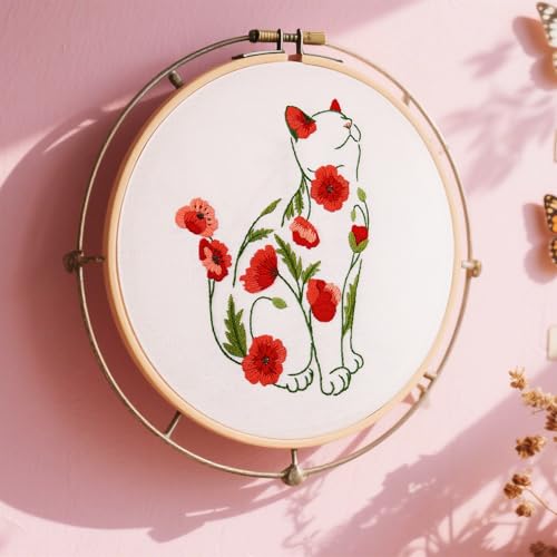 Crafmanoe Cat Embroidery Kits for Beginners Adults, Flowers Embroidery Starter Kits, Counted Cross Stitch Kits for Beginners Adults Hobbies Set for Women, Embroidery Hoops, Thread and Video Tutorial - color: H2026