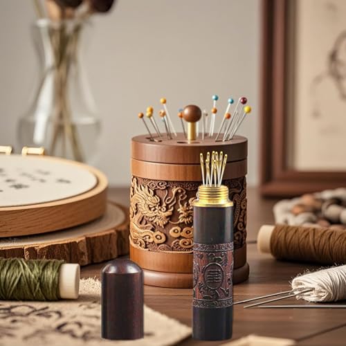 Uniquer 4 Pieces Wooden Sewing Needles Holder Set Retro Engraving Printed Needle Storage Case Box for DIY Sewing Craft Accessories
