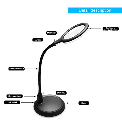 Magnifying Glass Lamp,5X Magnifier LED Light and Flexible Neck,Magnifying Lamp USB Powered,Perfect for Reading,Hobbies,Task Crafts or Workbench